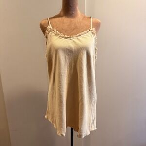 Scrap-Work Womens L Camisole Tan Linen Blend Fringe LaganLook Boho Hippie Flowy